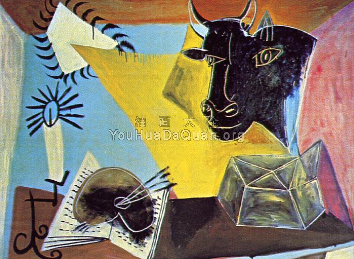 黑色牛头、书、调色板和树枝形的装饰灯 - 巴勃罗·毕加索